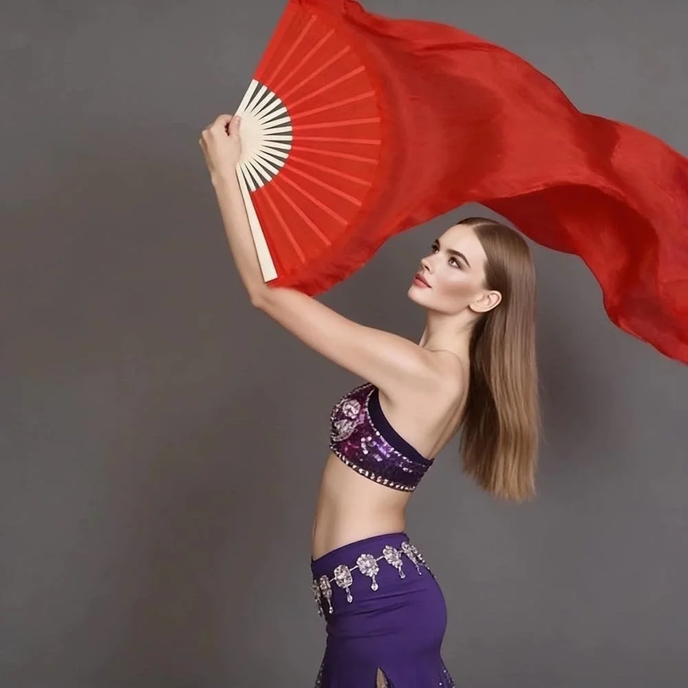 Women Chinese Belly Dance Silk Fan Veils (Left+Right) 1 Pair Long Fans for Dance - Picture 5 of 5